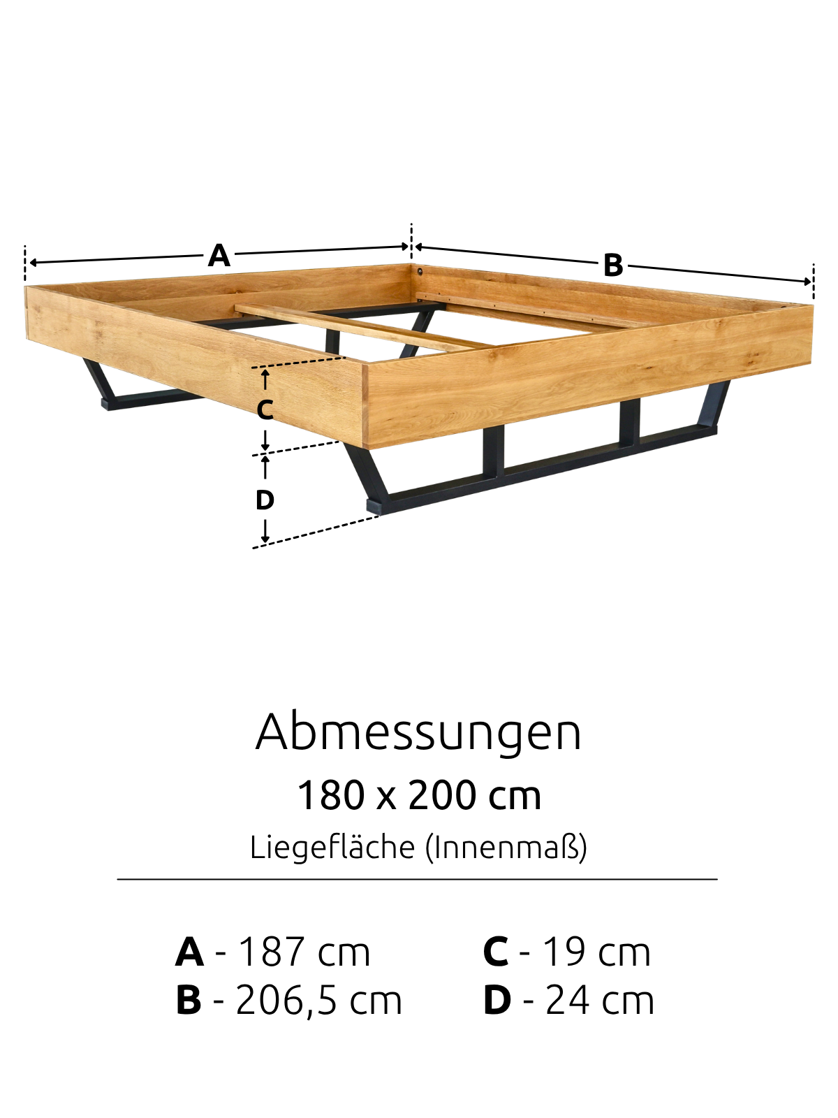 Maattekening van het massief houten bed Metall Light met ligoppervlak 180 x 200 cm en frame 206,5 x 187 cm
