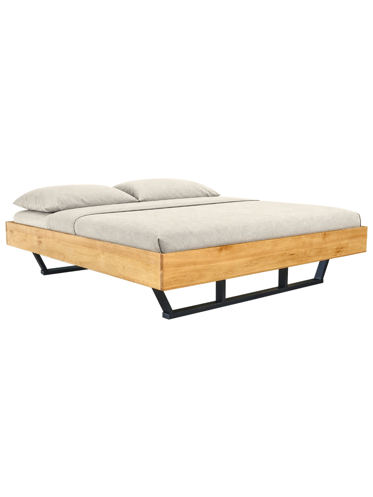 Breed massief houten bed Metall Light van eiken met zwarte metalen sledepoten en grijs beddengoed