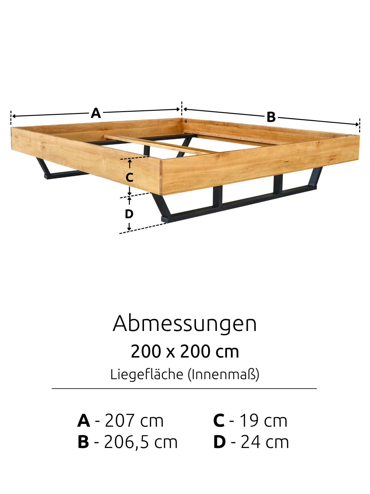 Maattekening van het massief houten bed Metall Light met ligoppervlak 200 x 200 cm en frame 206,5 x 207 cm
