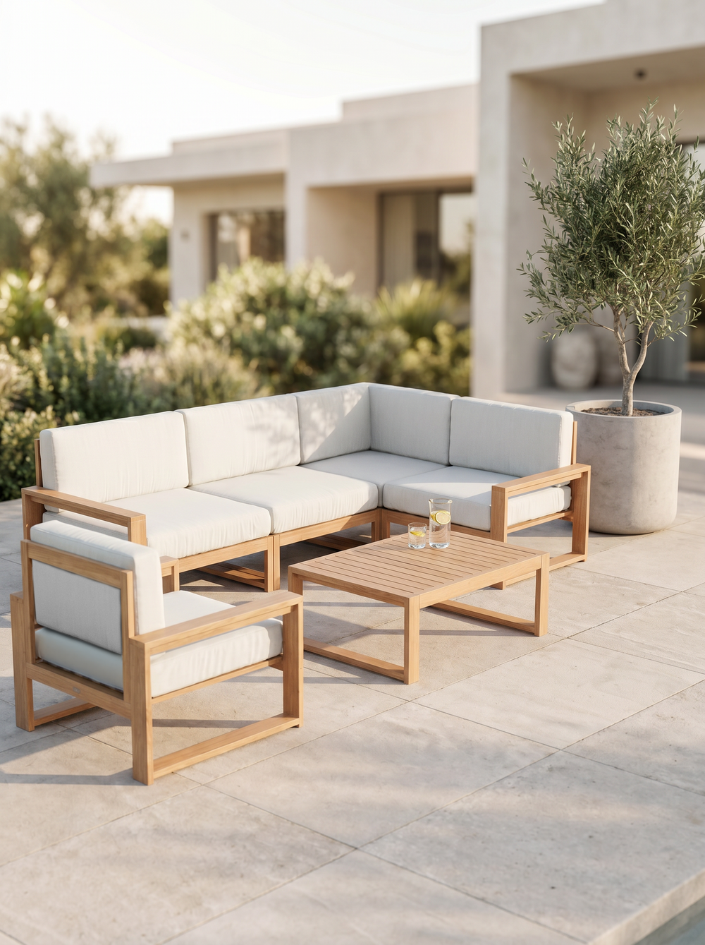 Complete tuinlounge eiken met witte kussens op terras met olijfboom