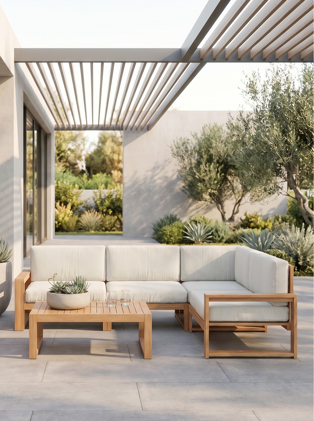 Tuinlounge eiken met witte kussens op terras onder lichte pergola
