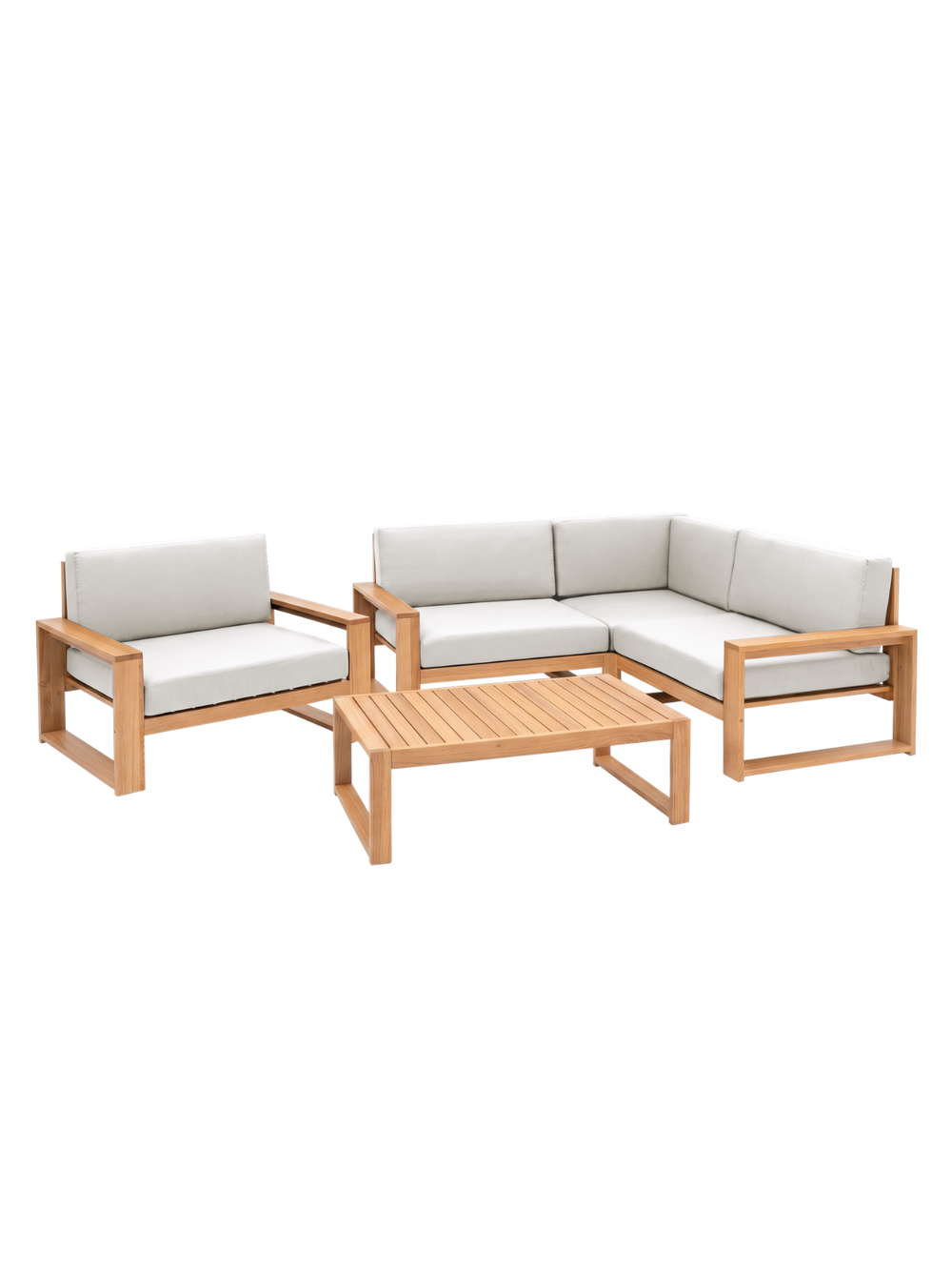 Tuinlounge in L-vorm van eiken met fauteuil en bijzettafel met crèmewitte kussens, vrijstaand