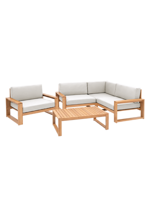 Tuinlounge in L-vorm van eiken met fauteuil en bijzettafel met crèmewitte kussens, vrijstaand