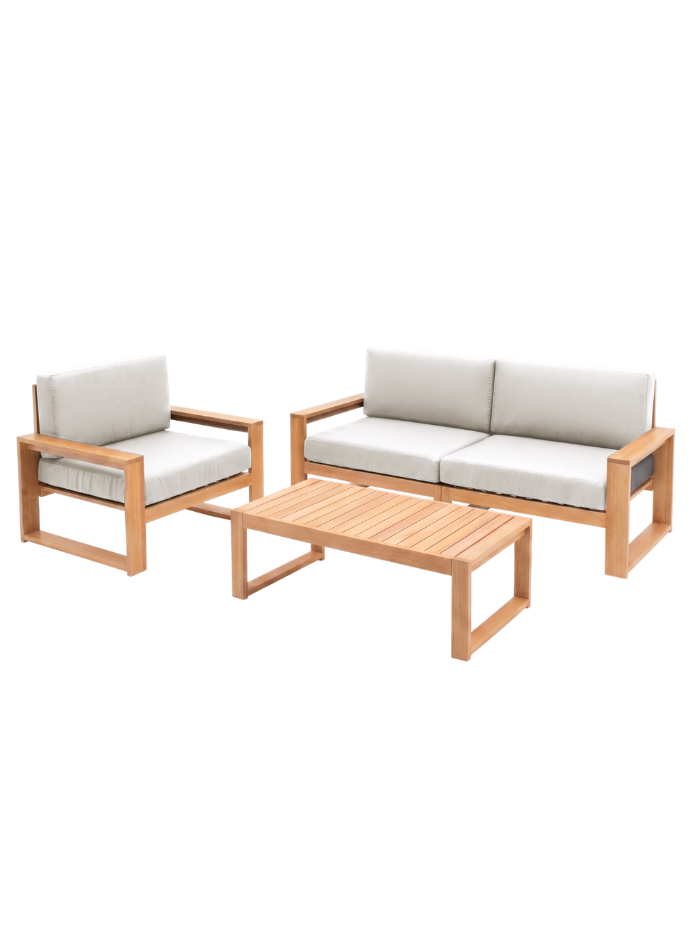Tuinlounge van eiken met tweezitsbank, fauteuil en bijzettafel met crèmewitte kussens, vrijstaand