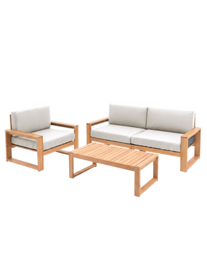 Tuinlounge van eiken met tweezitsbank, fauteuil en bijzettafel met crèmewitte kussens, vrijstaand