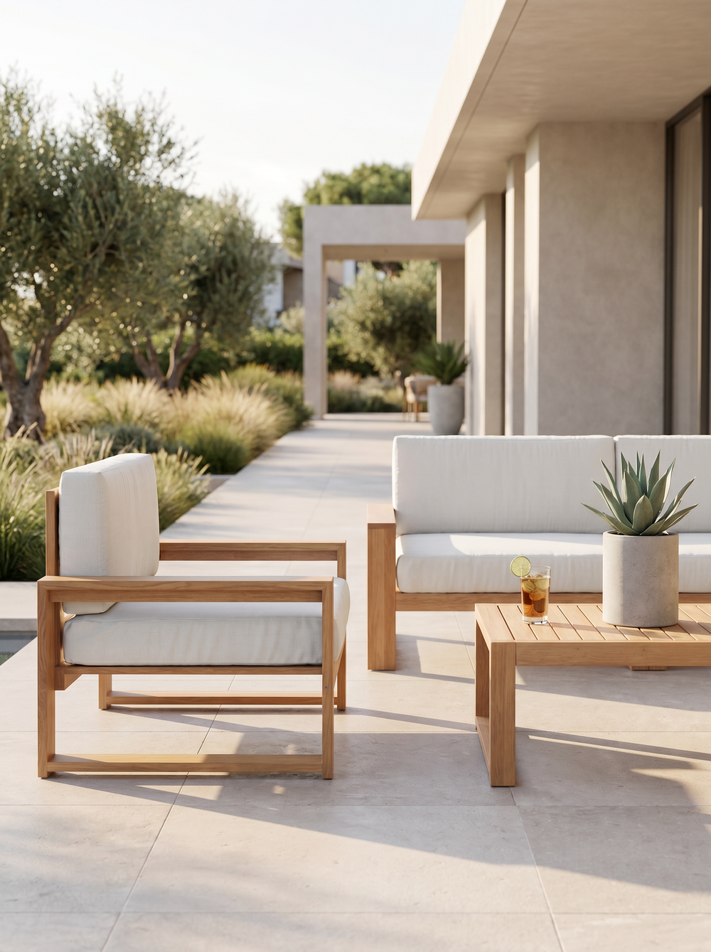 Fauteuil van eiken van de tuinlounge met wit kussen op zonnig terras