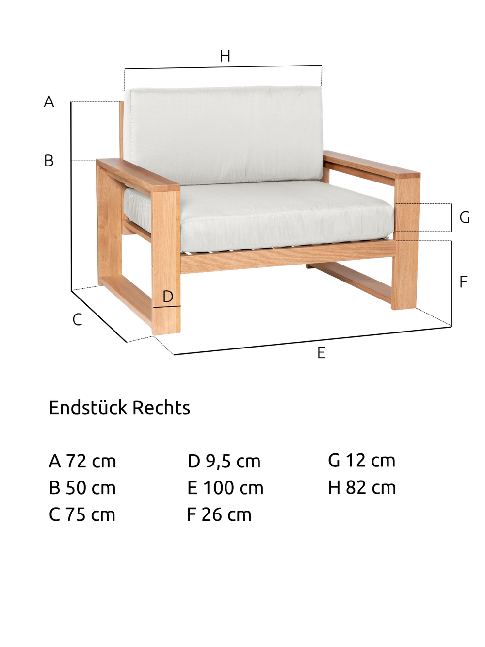 Maattekening van de tuinlounge-fauteuil van eiken met 100 cm breedte, 75 cm diepte en 72 cm hoogte