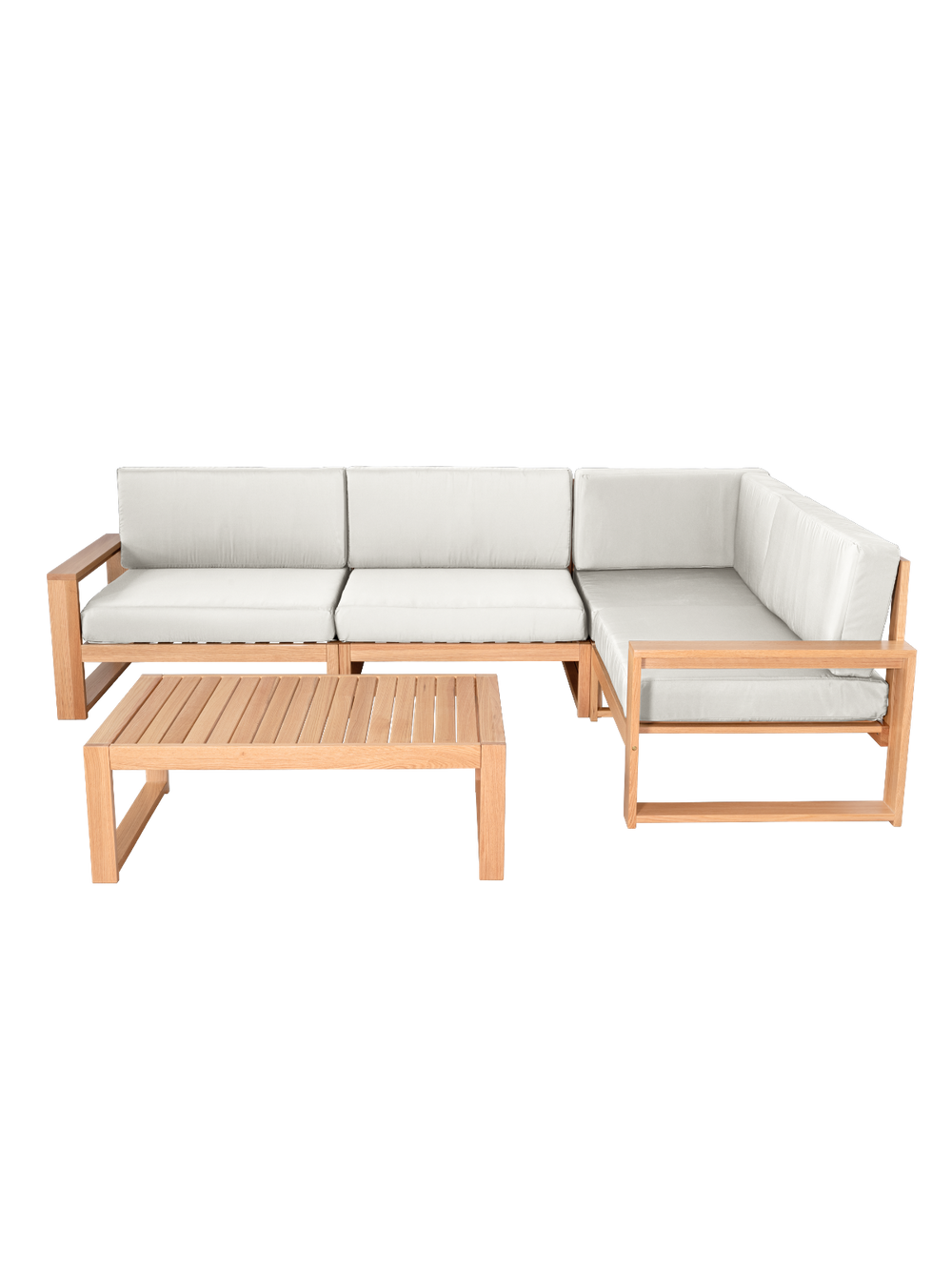 Tuinlounge in L-vorm van eiken met crèmewitte kussens en bijpassende bijzettafel van hout