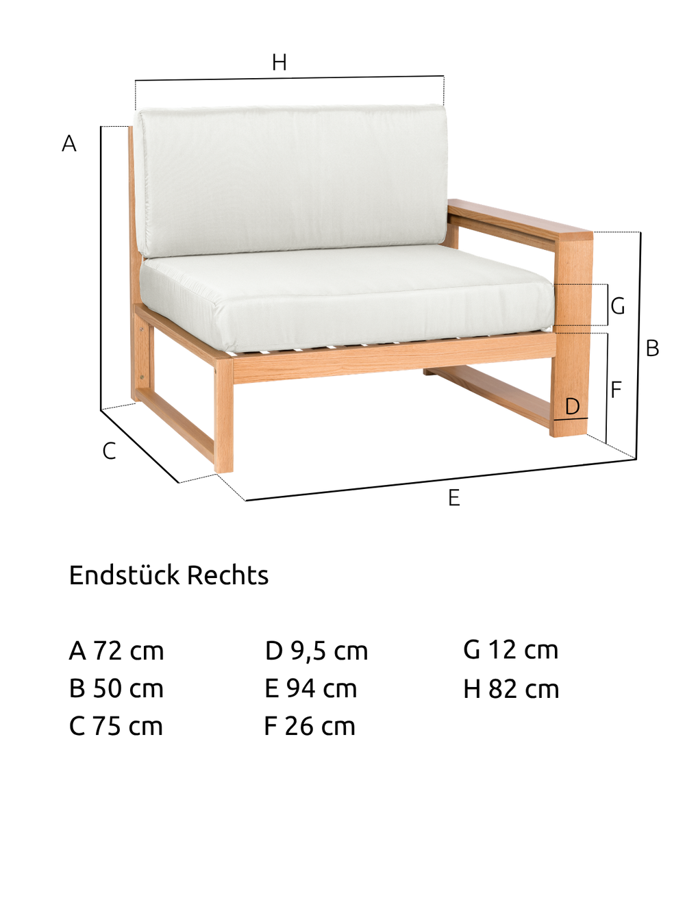 Maattekening van het tuinlounge-eindstuk links van eiken met 94 cm breedte, 75 cm diepte en 72 cm hoogte