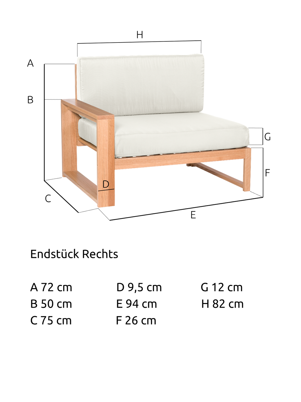Maattekening van het tuinlounge-eindstuk rechts van eiken met 94 cm breedte, 75 cm diepte en 72 cm hoogte