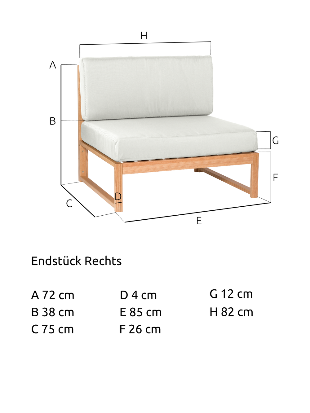 Maattekening van het tuinlounge-middenstuk van eiken met 85 cm breedte, 75 cm diepte en 72 cm hoogte