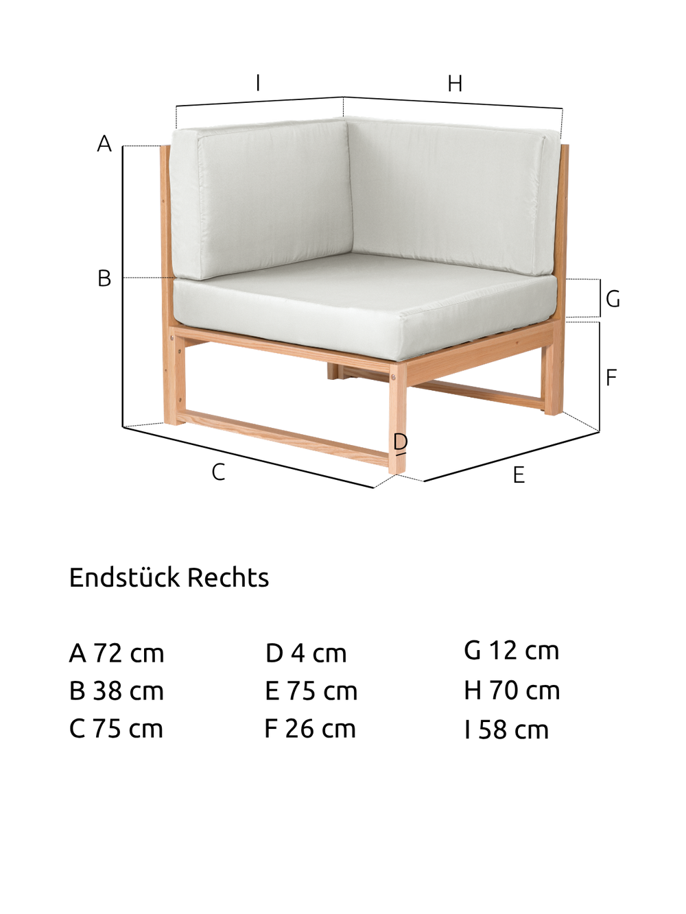 Maattekening van het tuinlounge-hoekstuk van eiken met 75 cm breedte, 58 cm diepte en 72 cm hoogte