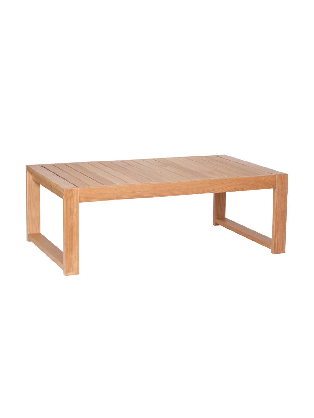 Tuinlounge-tafel van eiken met gelatte tafelblad en sledeonderstel, schuin aanzicht