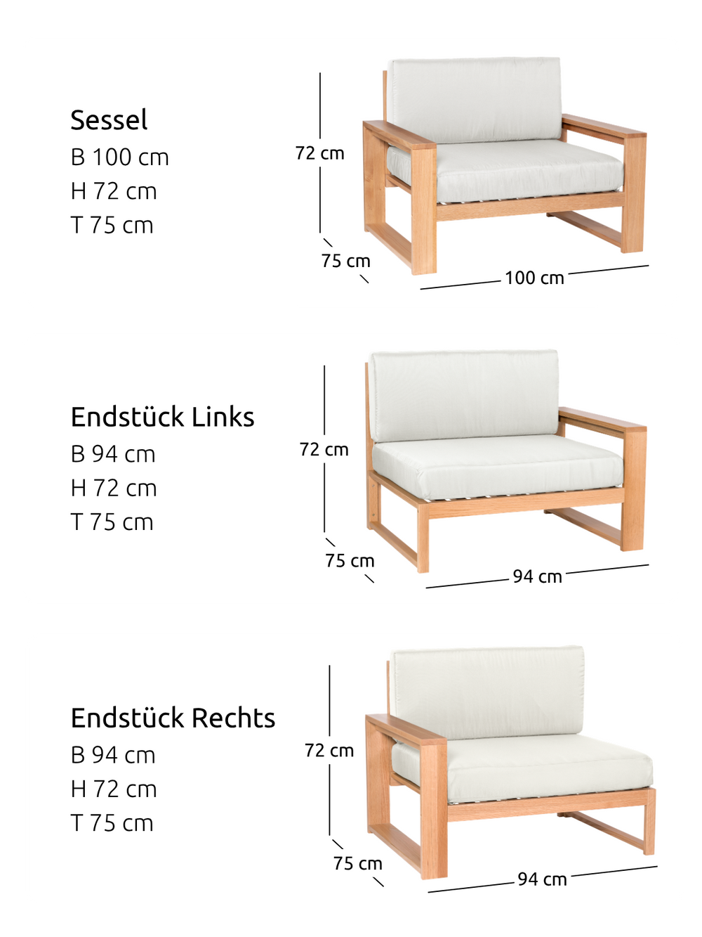 Maattekening tuinlounge eiken wit: fauteuil en eindstukken, breedte 94 en 100 cm