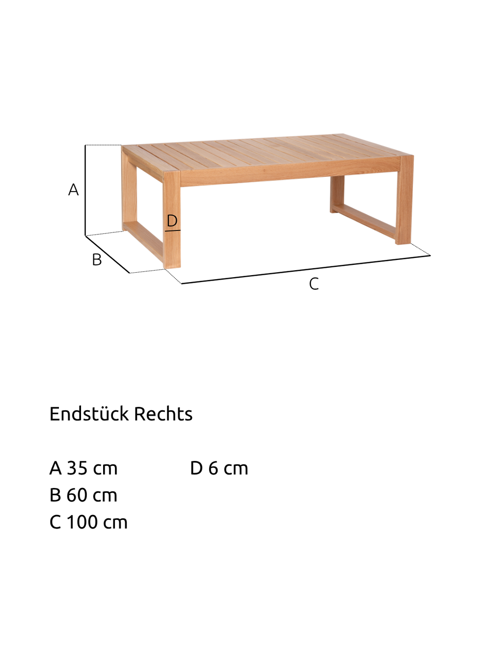 Maattekening van de tuinlounge-tafel van eiken met 100 cm lengte, 60 cm breedte en 35 cm hoogte