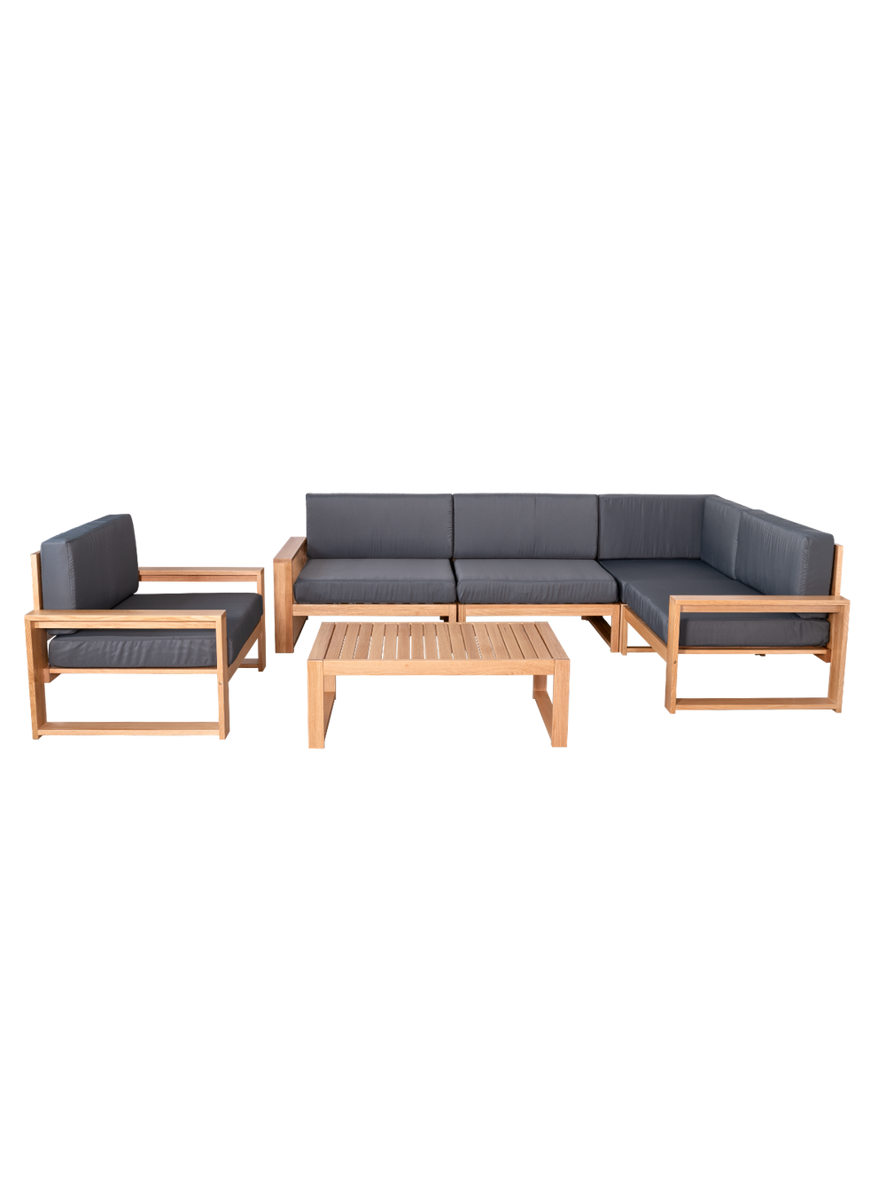 Tuinlounge van eiken met antracietkleurige kussens, hoekbank met fauteuil en tafel, vrijstaand