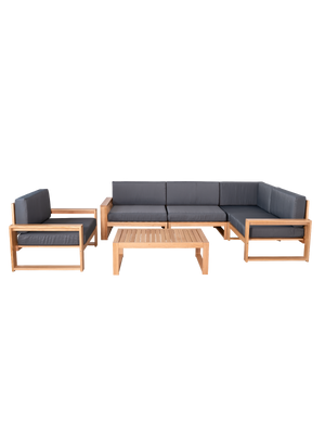 Tuinlounge van eiken met antracietkleurige kussens, hoekbank met fauteuil en tafel, vrijstaand