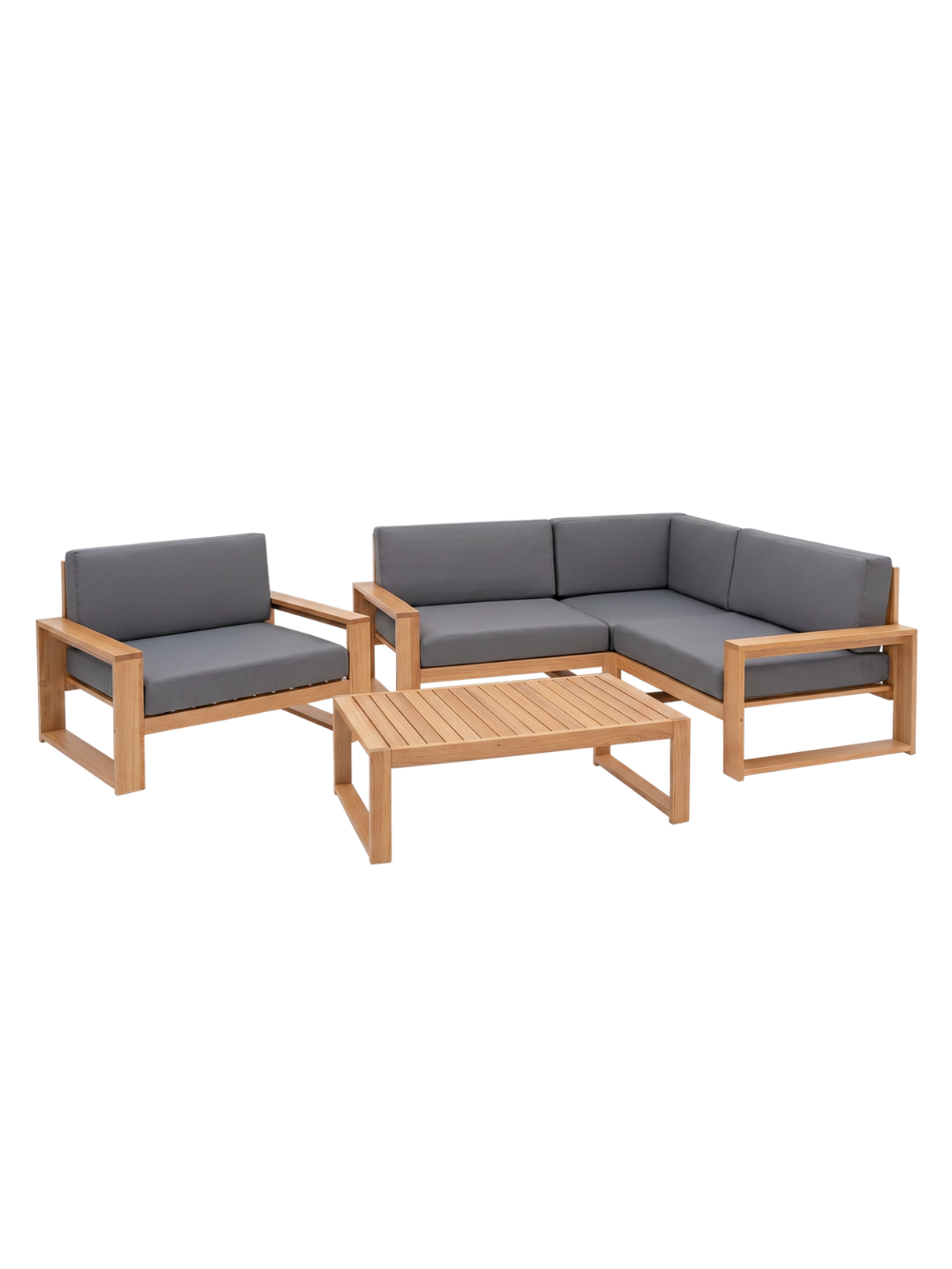 Tuinlounge in L-vorm van eiken met antracietkleurige kussens, fauteuil en bijzettafel, vrijstaand