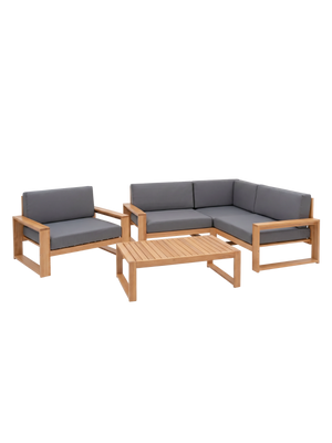 Tuinlounge in L-vorm van eiken met antracietkleurige kussens, fauteuil en bijzettafel, vrijstaand