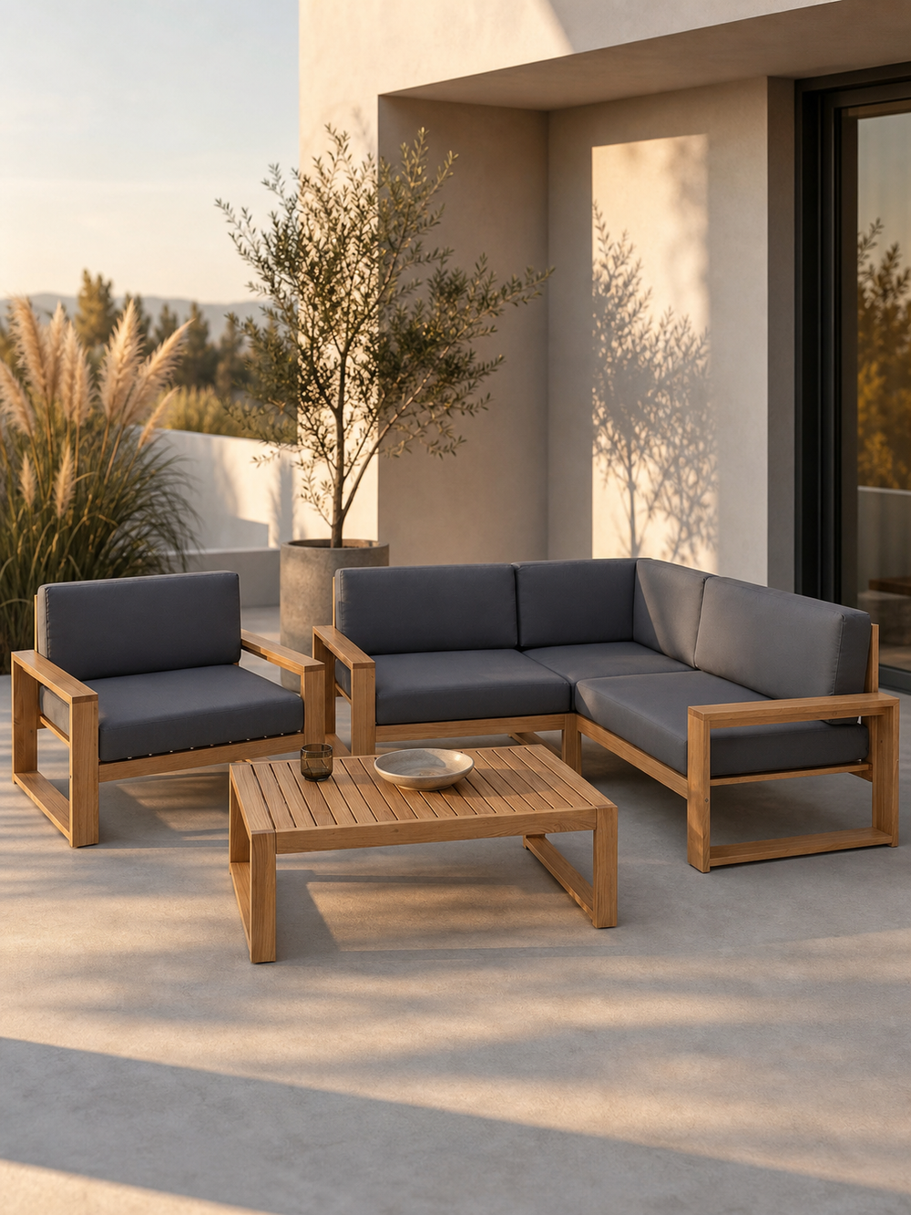 Tuinlounge van eiken met antracietkleurige kussens op een terras naast een olijfboom bij avondzon