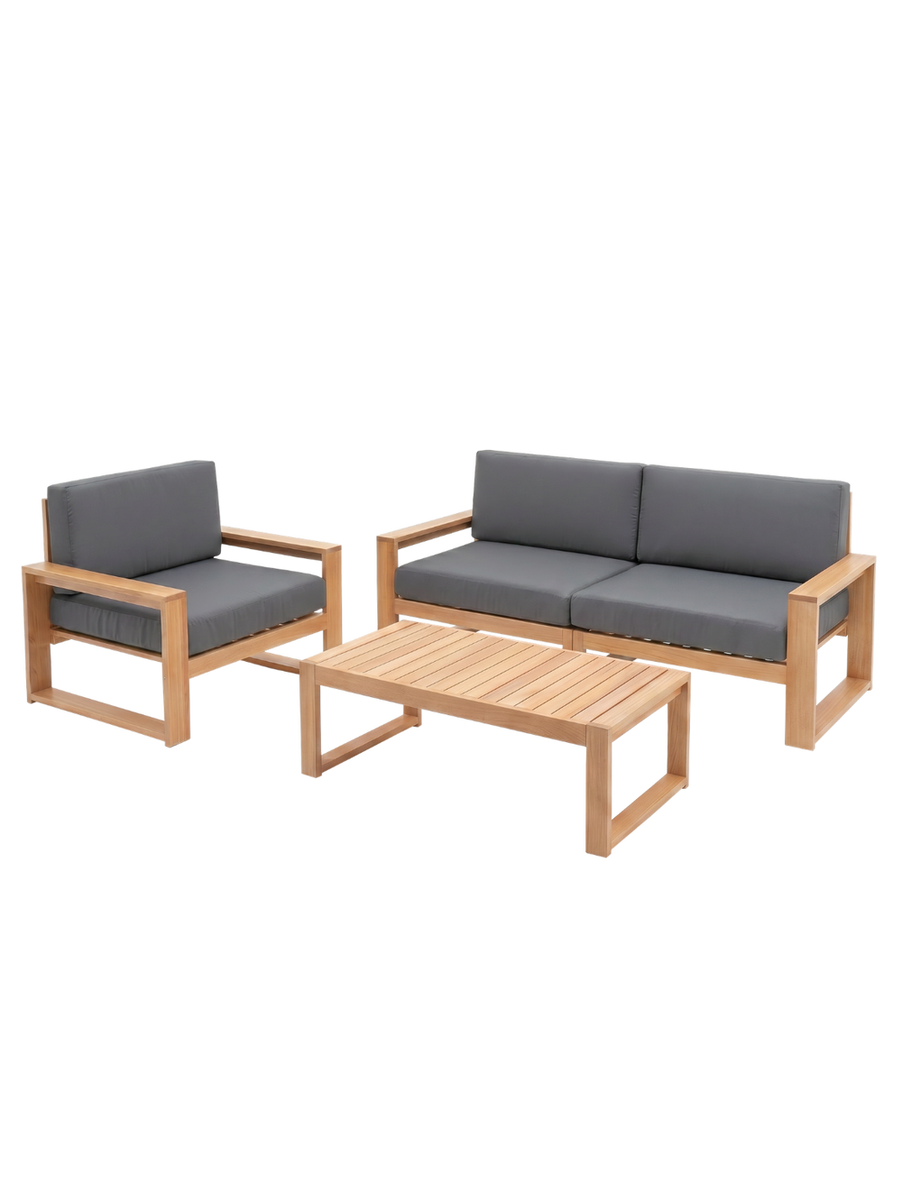 Tuinlounge van eiken met tweezitsbank, fauteuil en bijzettafel met antraciet kussens, vrijstaand