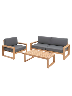 Tuinlounge van eiken met tweezitsbank, fauteuil en bijzettafel met antraciet kussens, vrijstaand
