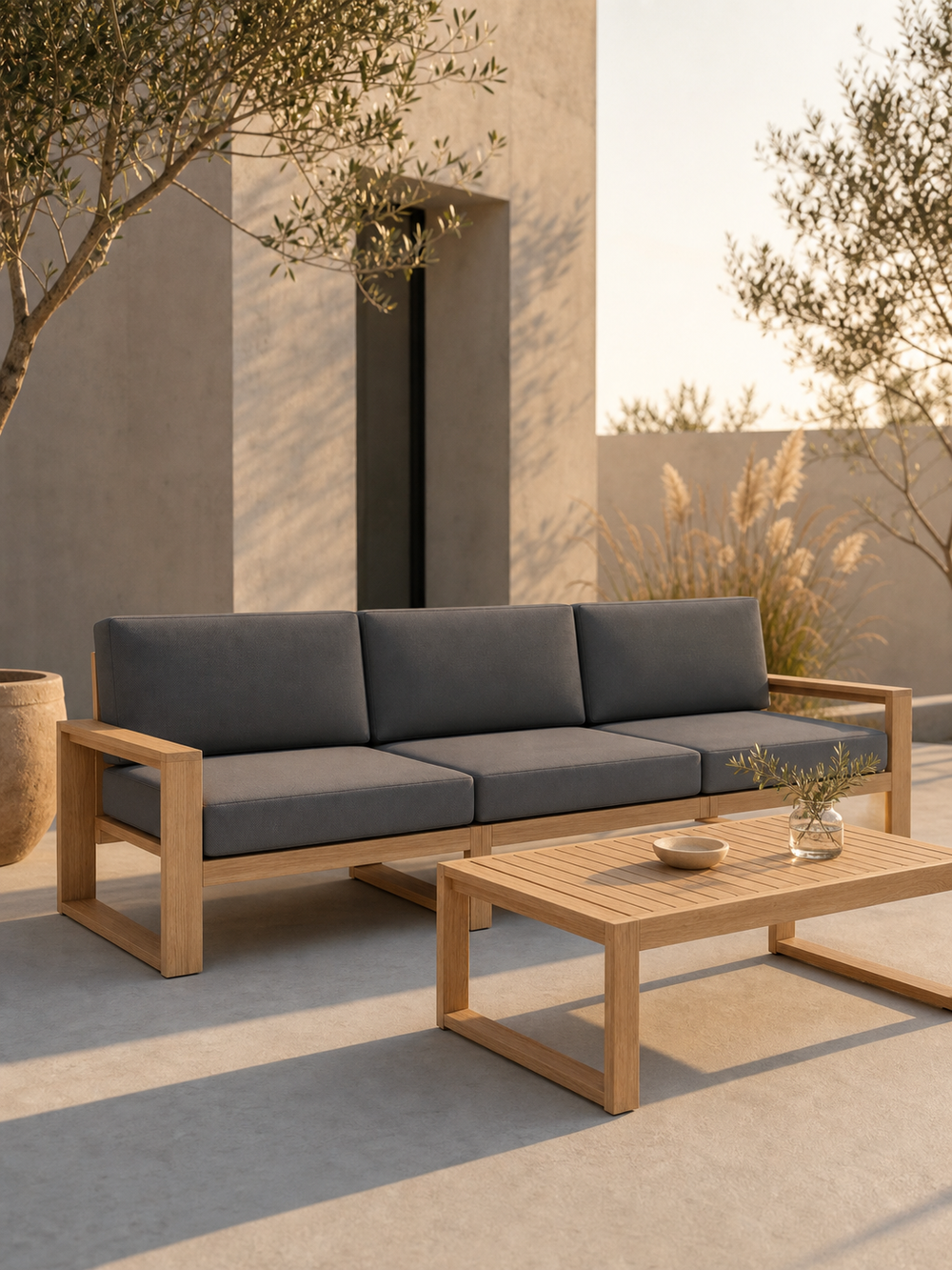 Tuinlounge van eiken met driezitsbank en antraciet kussens op een terras met olijfbomen