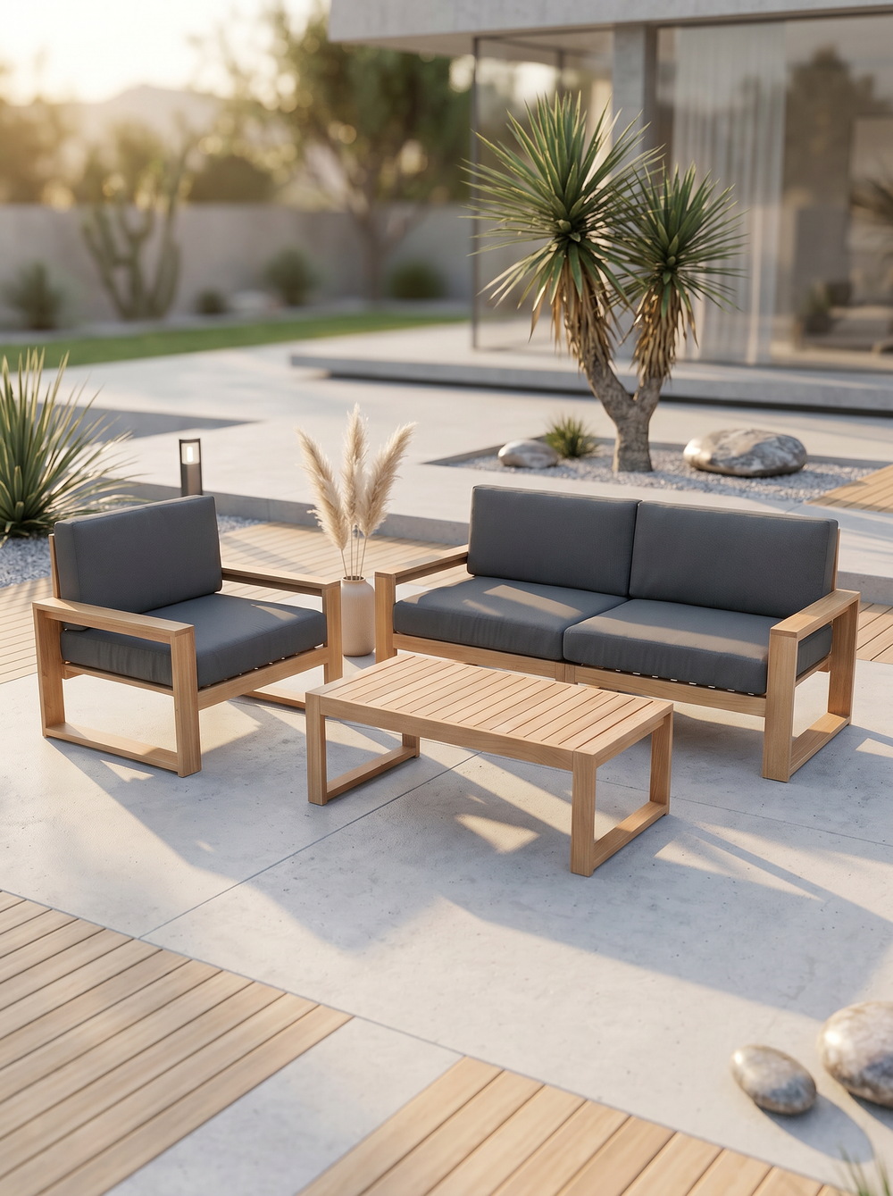 Tuinlounge van eiken met tweezitsbank en fauteuil met antraciet kussens op een zonnig terras