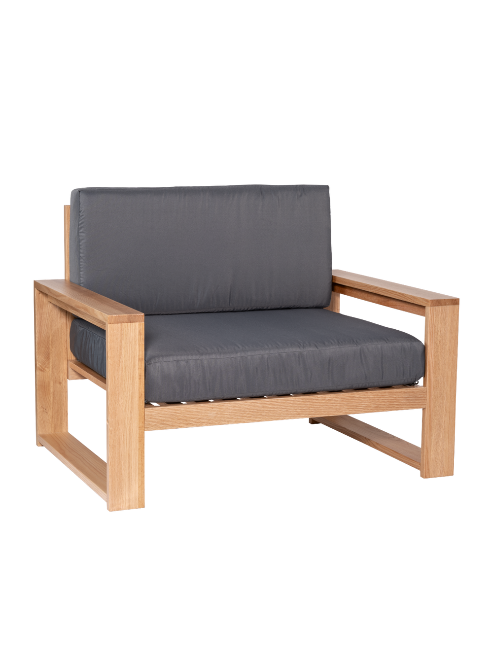 Tuinlounge-fauteuil van eiken met antracietkleurige kussens en twee brede armleuningen, vrijstaand