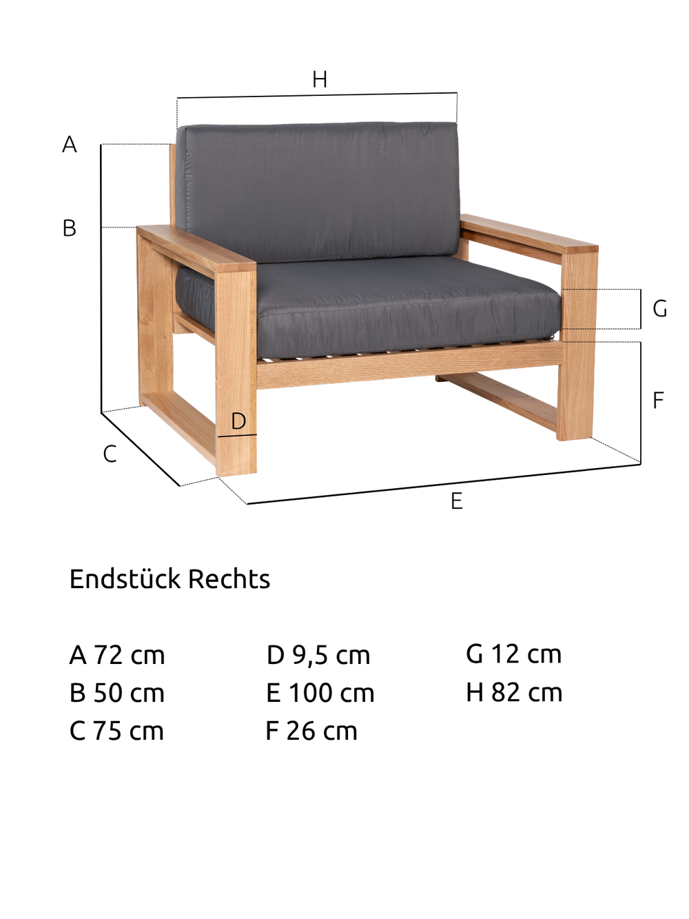 Maattekening van de tuinlounge-fauteuil van eiken met 100 cm breedte, 75 cm diepte en 72 cm hoogte
