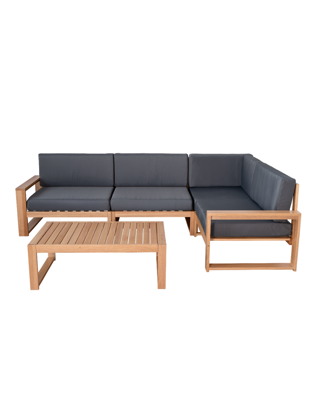 Tuinlounge in L-vorm van eiken met antracietkleurige kussens en bijpassende bijzettafel van hout