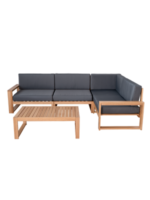 Tuinlounge in L-vorm van eiken met antracietkleurige kussens en bijpassende bijzettafel van hout