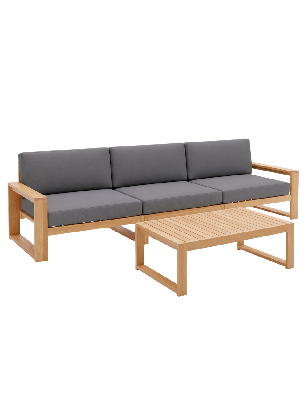 Tuinlounge van eiken met driezitsbank en bijzettafel met antracietkleurige kussens, vrijstaand