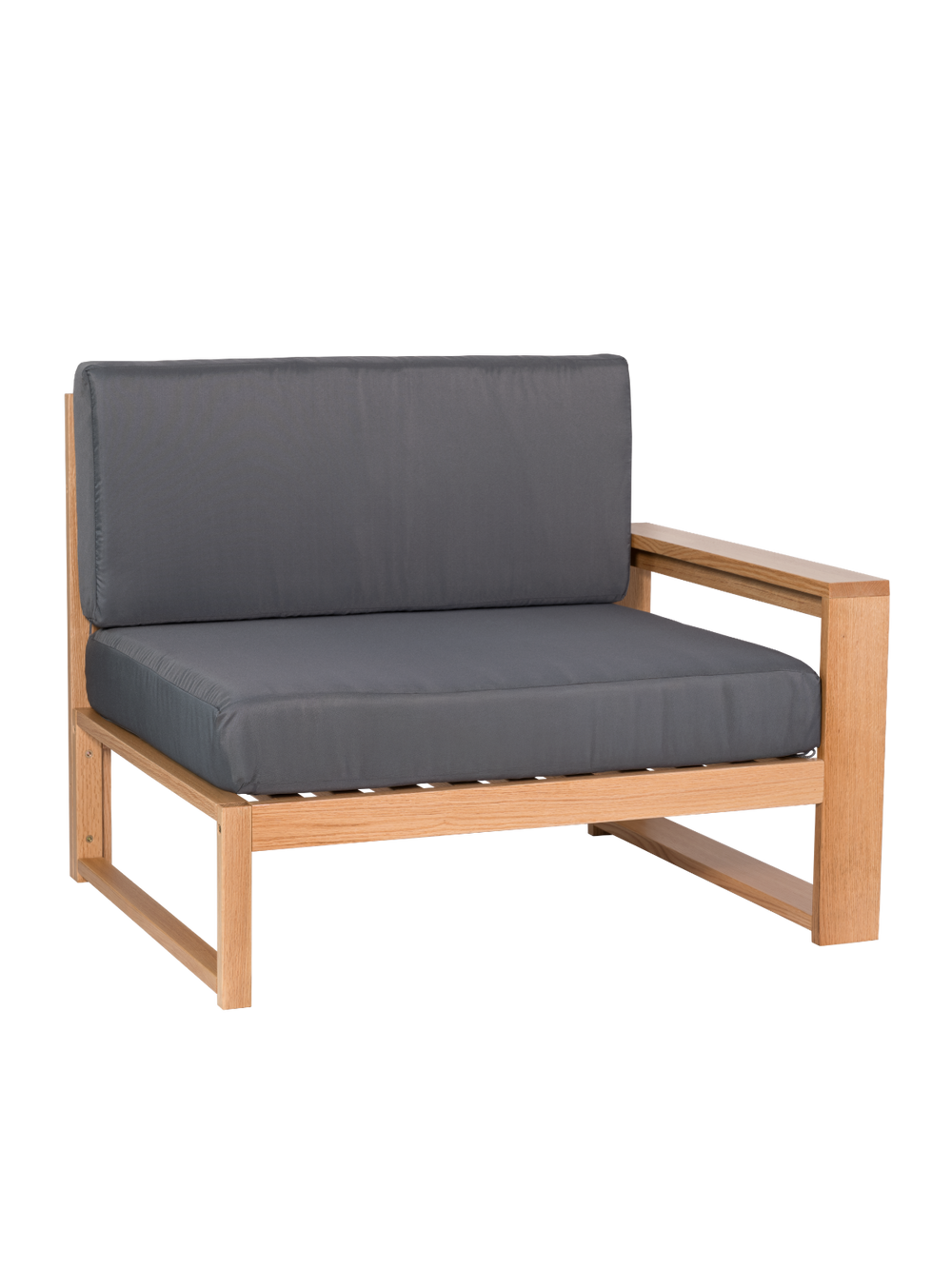 Tuinlounge-eindstuk van eiken met antracietkleurige kussens en een zijdelingse armleuning, vrijstaand