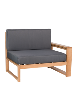 Tuinlounge-eindstuk van eiken met antracietkleurige kussens en een zijdelingse armleuning, vrijstaand