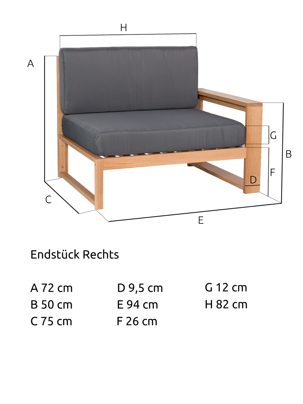 Maattekening van het tuinlounge-eindstuk van eiken met 94 cm breedte, 75 cm diepte en 72 cm hoogte