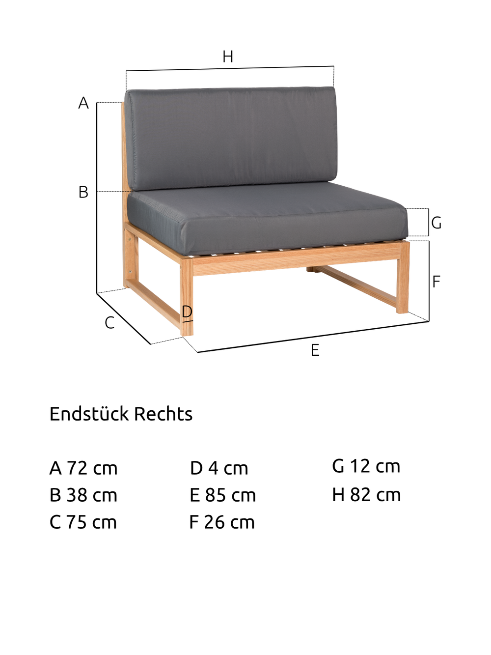 Maattekening van het tuinlounge-middenstuk van eiken met 85 cm breedte, 75 cm diepte en 72 cm hoogte