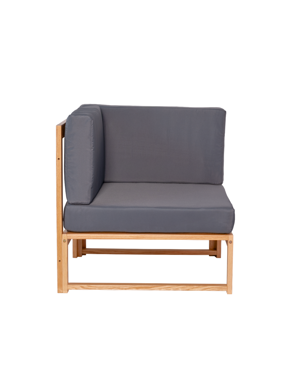 Hoekmodule van de tuinlounge eiken met antracietkleurige kussens, vrijstaand vooraanzicht