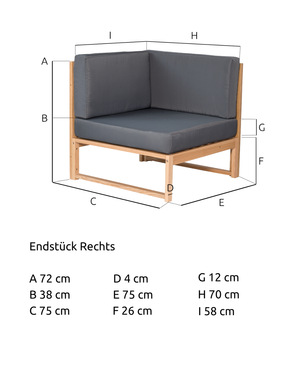 Maattekening van het tuinlounge-hoekstuk van eiken met 75 cm breedte, 58 cm diepte en 72 cm hoogte