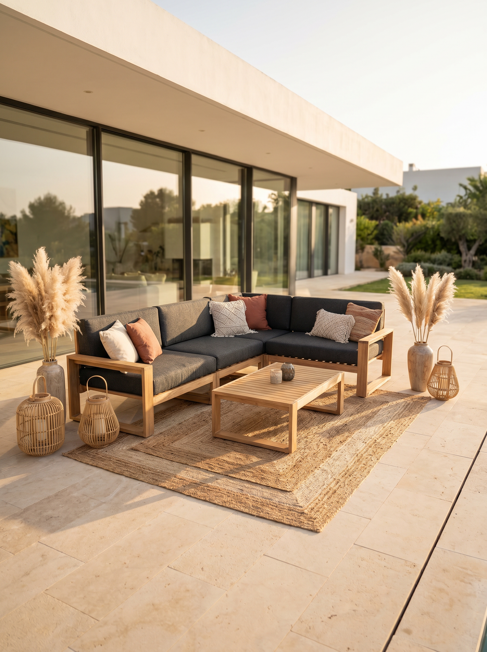 Tuinlounge eiken met hoekbank op terras voor moderne villa in avondlicht