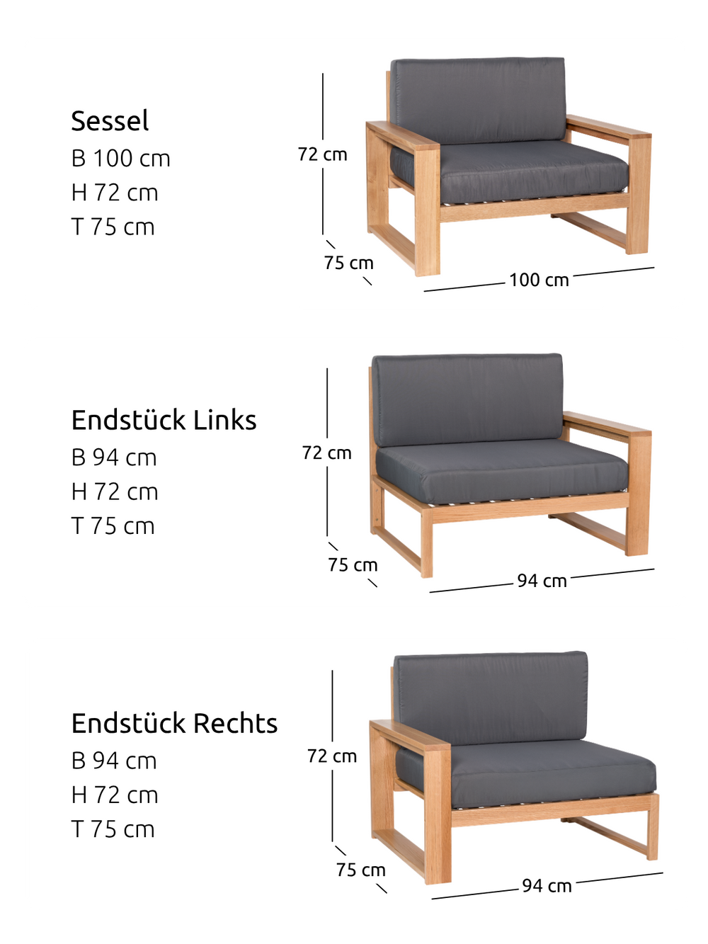 Maattekening tuinlounge eiken: fauteuil, eindstuk links en rechts, elk 72 cm hoog