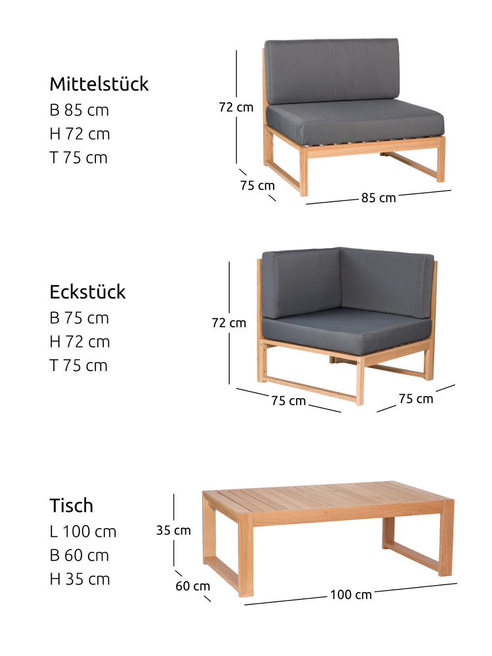 Maattekening tuinlounge eiken: middenstuk, hoekstuk en tafel met maatopgaven