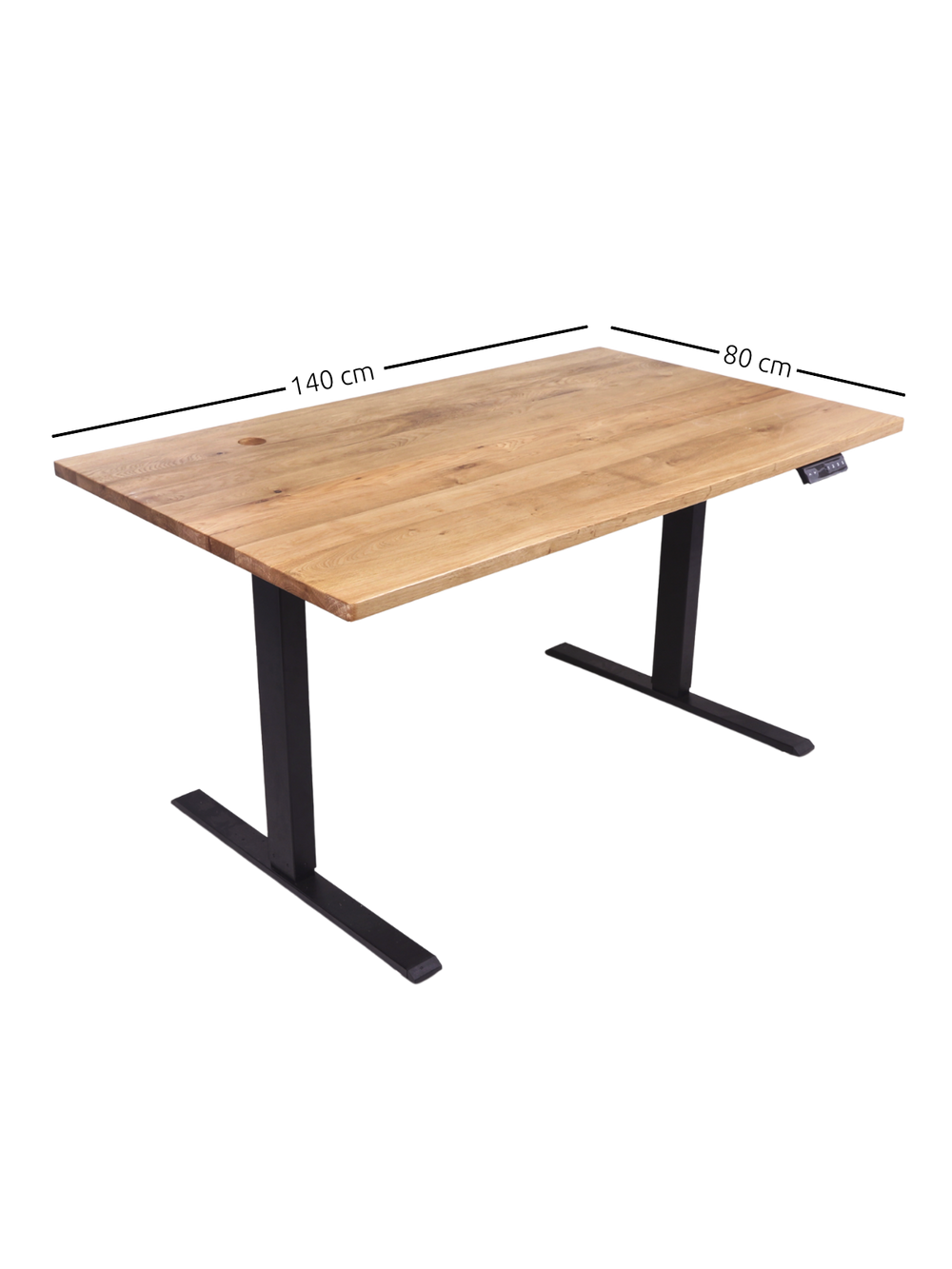 Maattekening van het in hoogte verstelbare bureau van eiken met 140 cm breedte en 80 cm diepte
