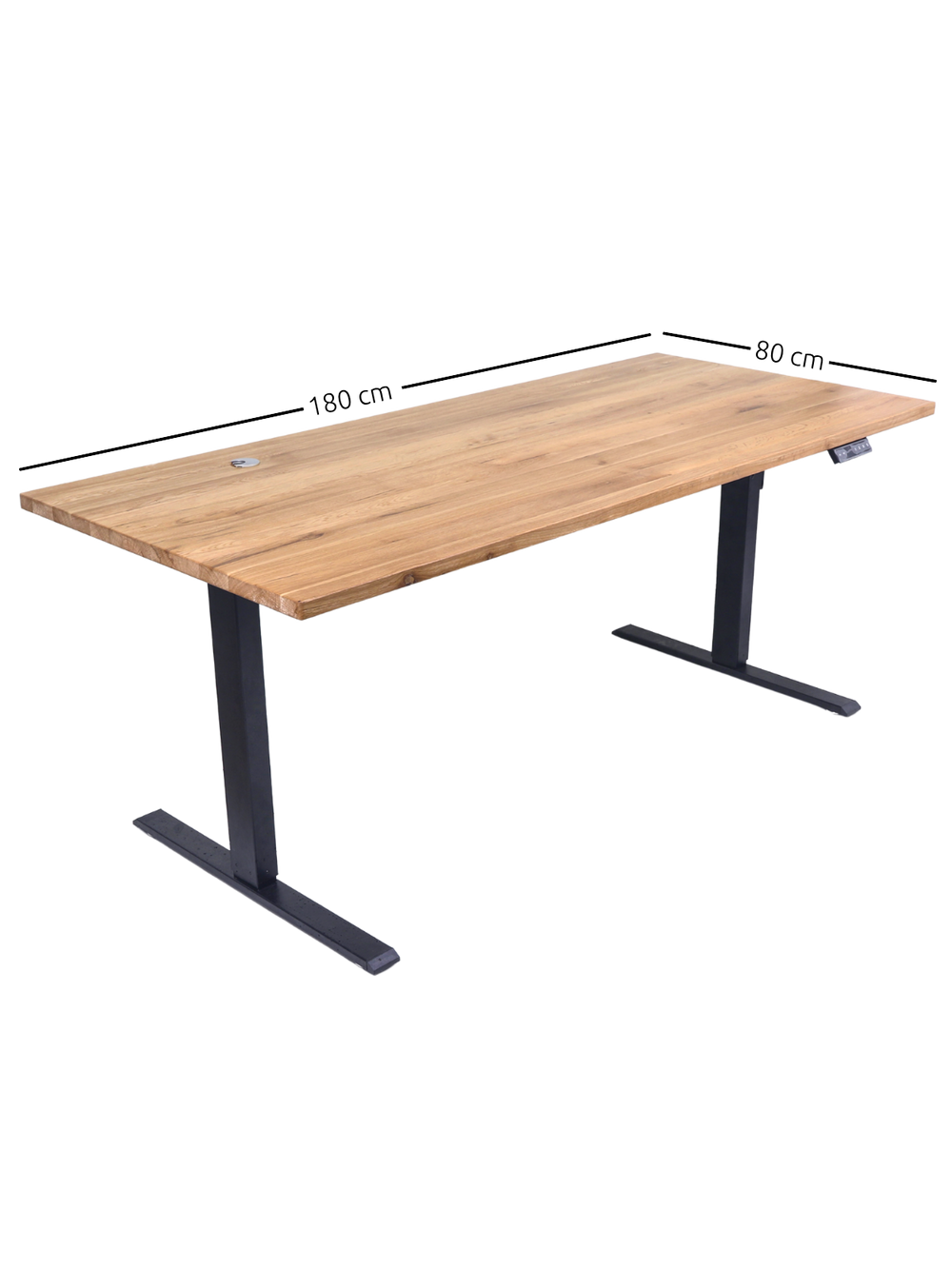 Maattekening van het in hoogte verstelbare bureau van eiken met 180 cm breedte en 80 cm diepte