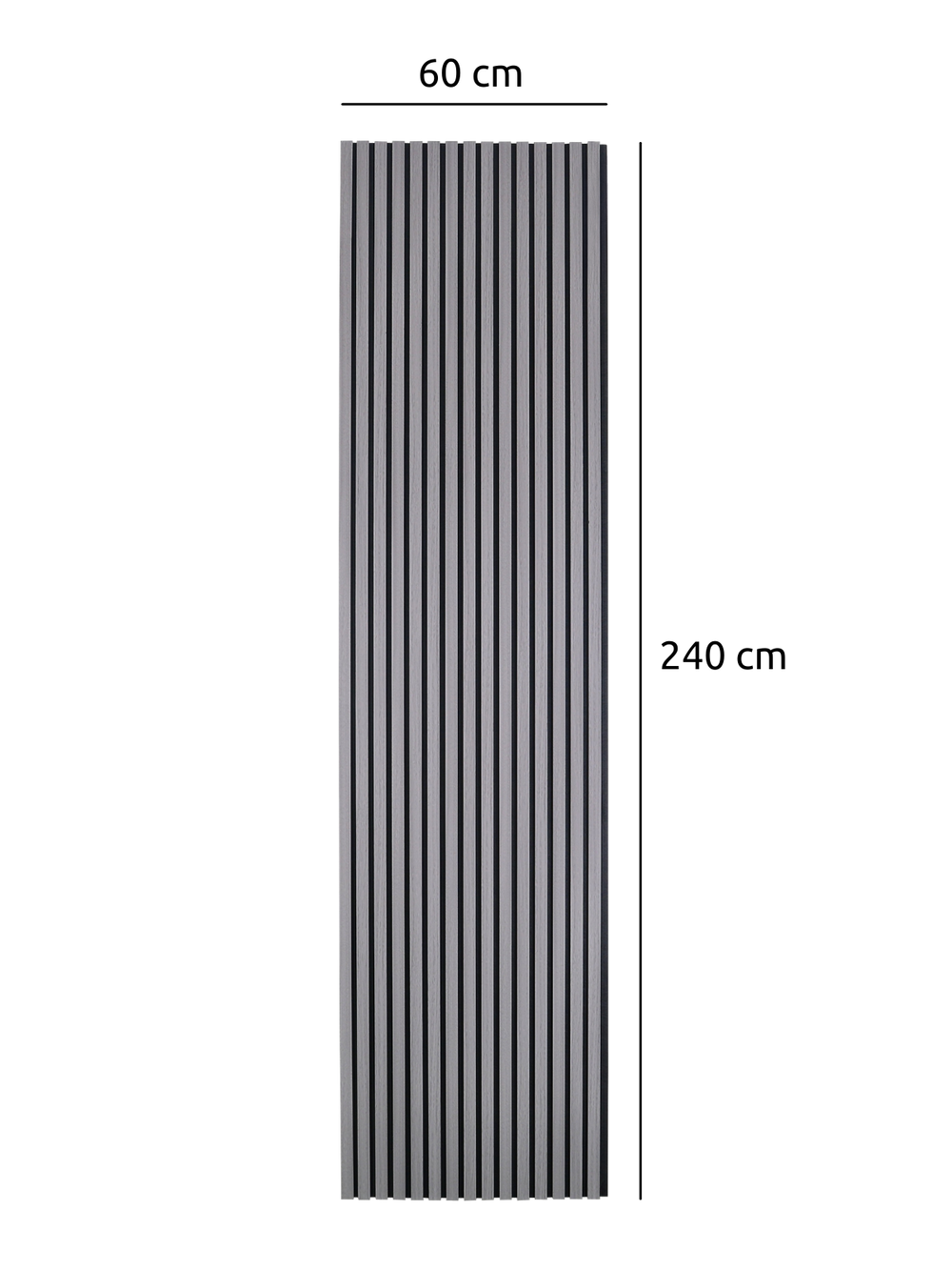 Maattekening van het akoestisch paneel in donkergrijs met 60 cm breedte en 240 cm hoogte van de latten