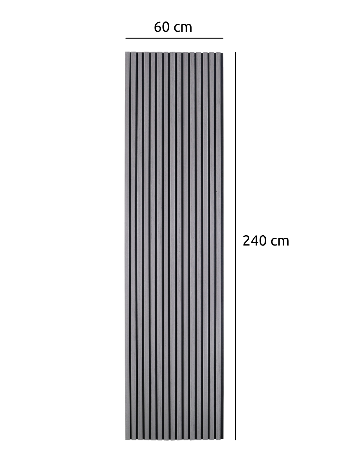 Maattekening van het akoestisch paneel in donkergrijs met 60 cm breedte en 240 cm hoogte van de latten
