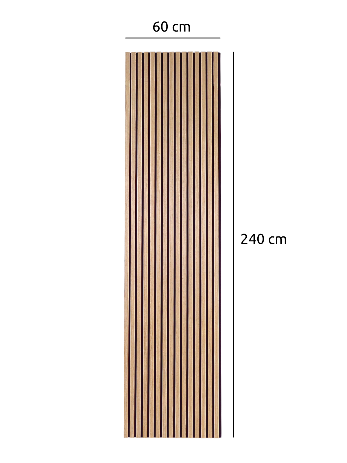 Maattekening van het akoestisch paneel eiken naturel met 60 cm breedte en 240 cm hoogte van de latten
