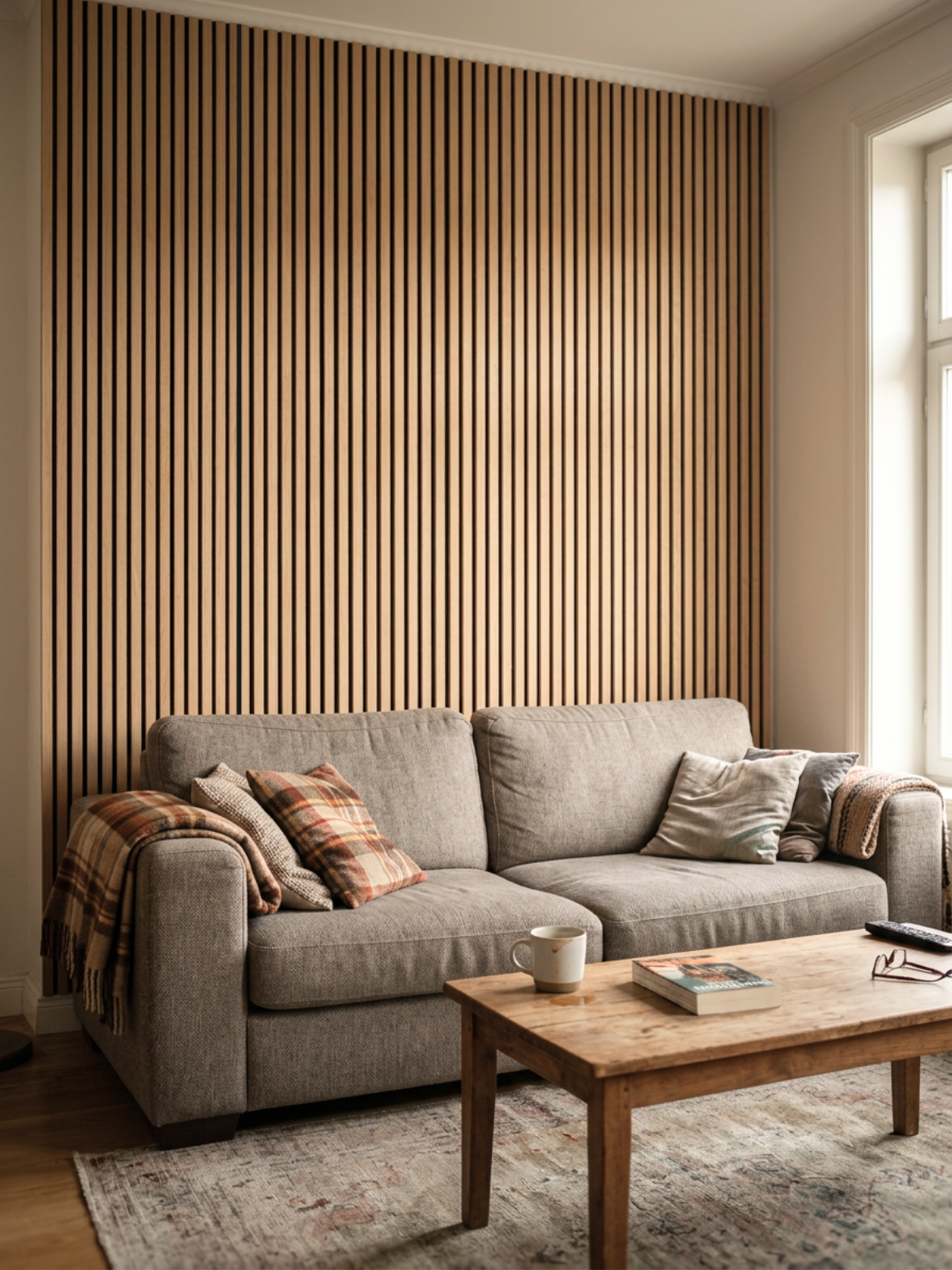 Akoestisch paneel eiken naturel als wandbekleding in de woonkamer achter grijze bank met kussens