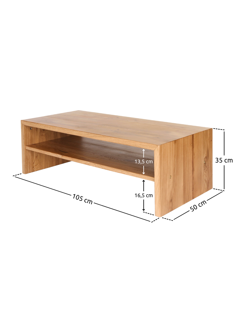 Maattekening van de salontafel van eiken met 105 cm lengte, 50 cm breedte en 35 cm hoogte