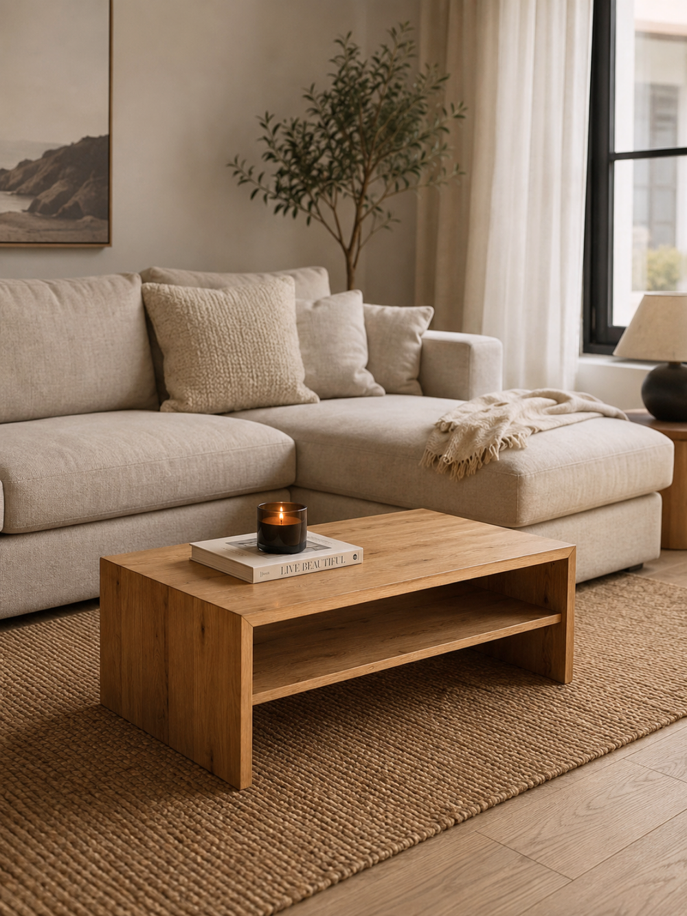 Salontafel van eiken met legvak in een lichte woonkamer met beige bank en geurkaars